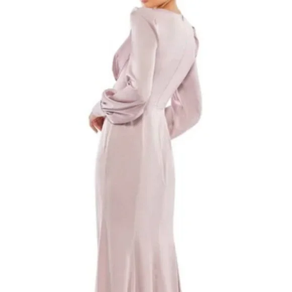 Mac Duggal Rose Pink Ruched Satin Long Bishop Sleeve Gown